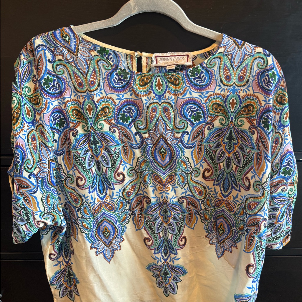 Johnny Was Cream Blouse With Blue And Green Paisley Embroidery